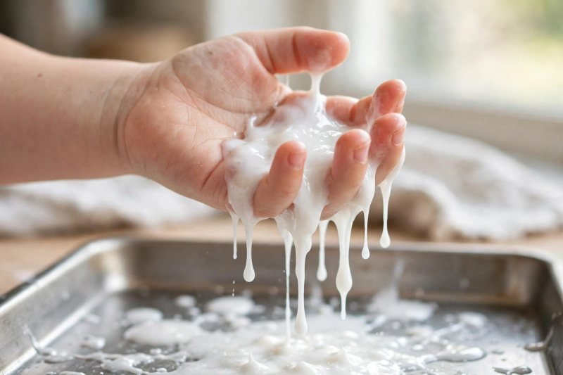 Oobleck ball melting and dripping through a child's open palm