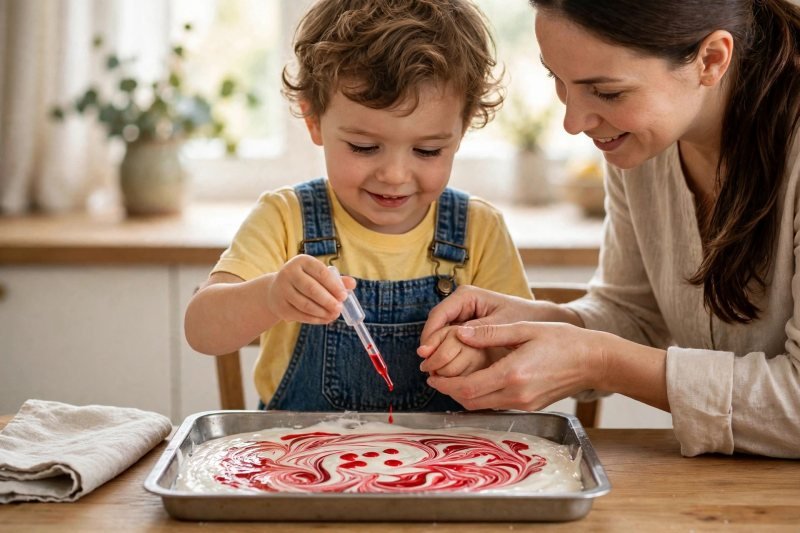 Boy dripping red food coloring onto oobleck while mother guides his hand