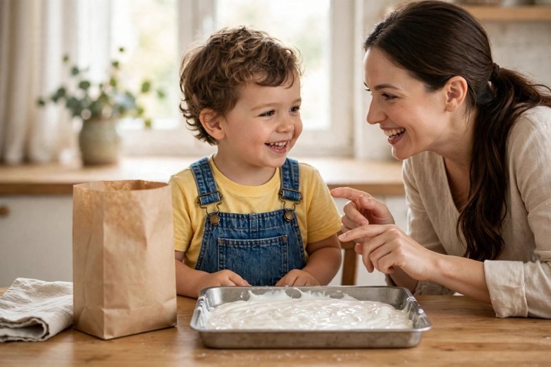 Mother and boy smiling together over a tray of oobleck, chatting happily