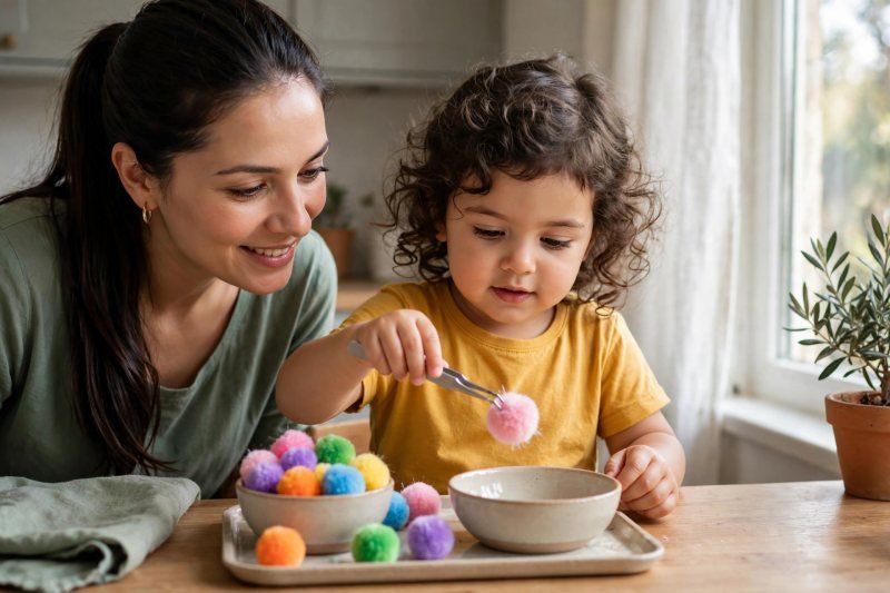A 3-year-old girl lifting a pink pom-pom with tweezers between bowls at a kitchen table.