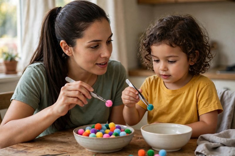 A mother and young girl both moving pom-poms with tweezers, chatting at the kitchen table.