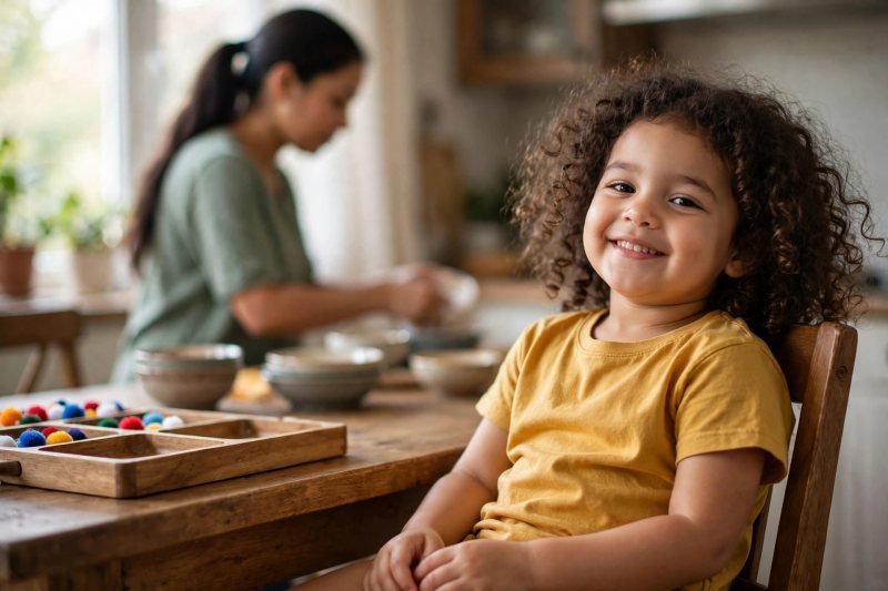 A smiling 3-year-old leaning back after play while her mother tidies bowls nearby.