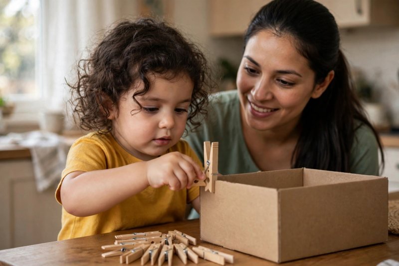 A girl clipping wooden clothespins onto a cardboard box edge with her mother encouraging her.