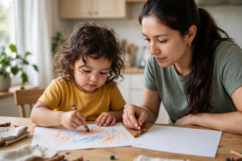 A girl coloring with a short crayon in a tripod grip beside her mother.