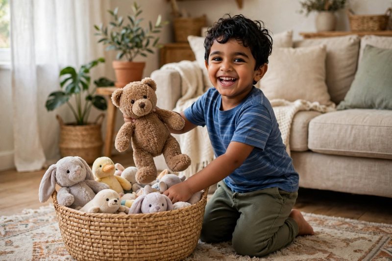 A four-year-old pulling a plush bear from a woven basket of soft toys