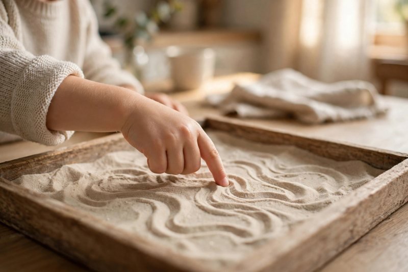 A child's finger tracing shapes in a tray of sand in warm window light