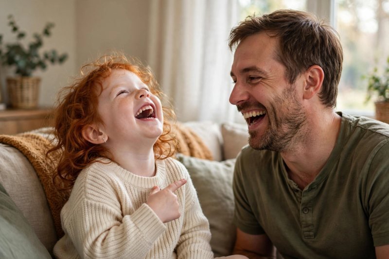 A child and parent laughing together on a sofa during a name game