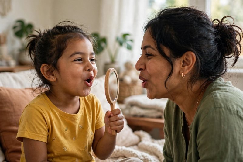 A five-year-old making an ooo mouth shape into a small hand mirror