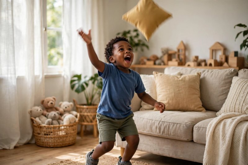 A child tossing a soft beanbag in the air mid-sound in a sunny living room