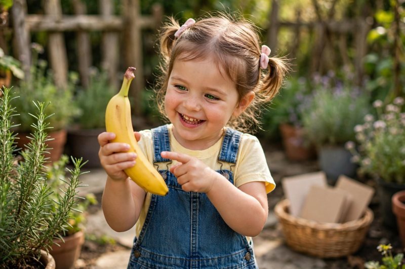 A four-year-old in a garden proudly pointing at a banana on a sound hunt