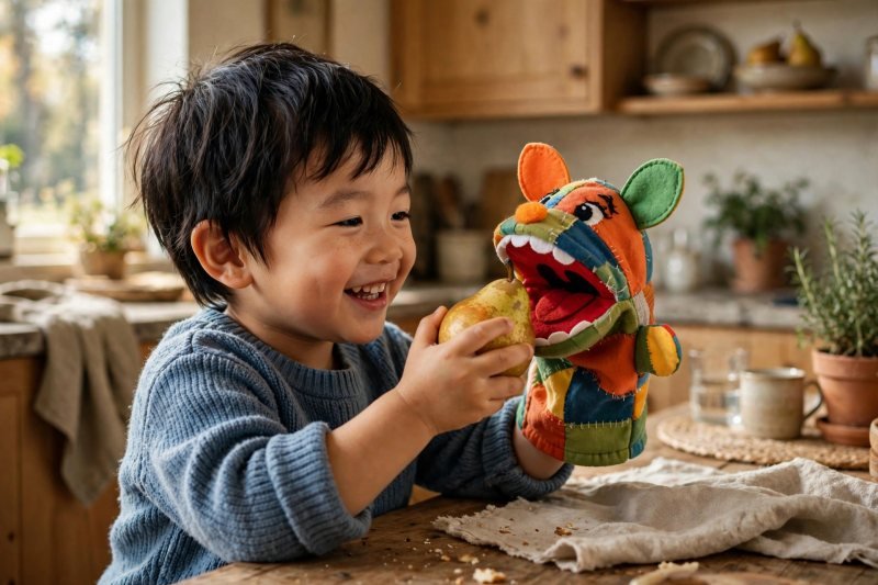 A child feeding a pear to a hand puppet at a kitchen table