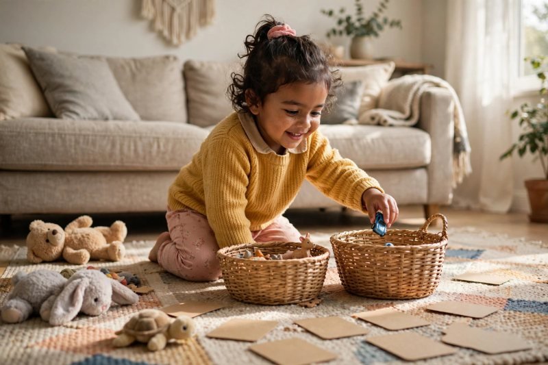 A child dropping a toy car into one of two sorting baskets on the floor