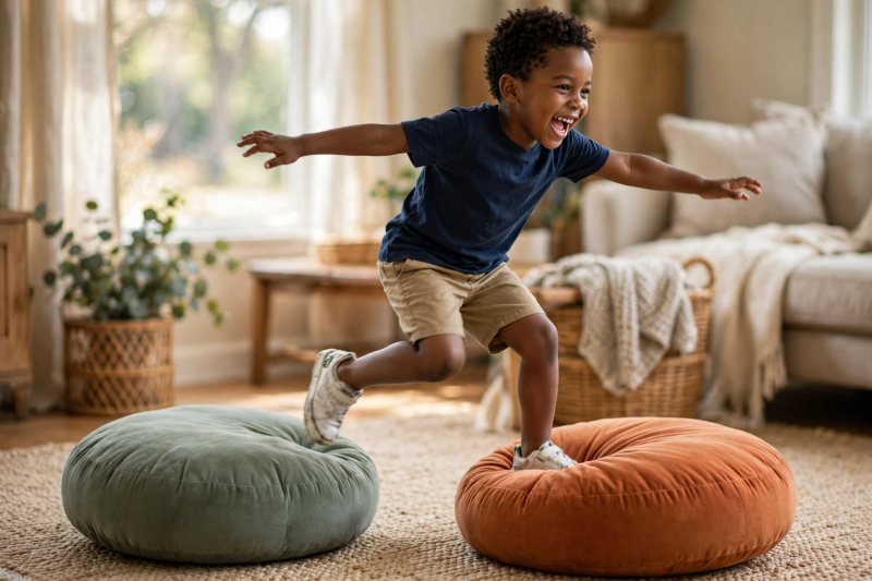 A child mid-step between cushions laid on the floor, arms out for balance