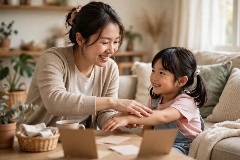 A parent sliding a child's arm in a sweeping blending motion, both smiling