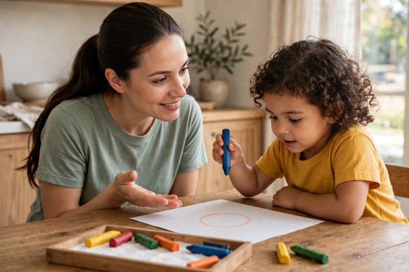 Mother invites her curly-haired preschooler to copy a circle, checking writing readiness