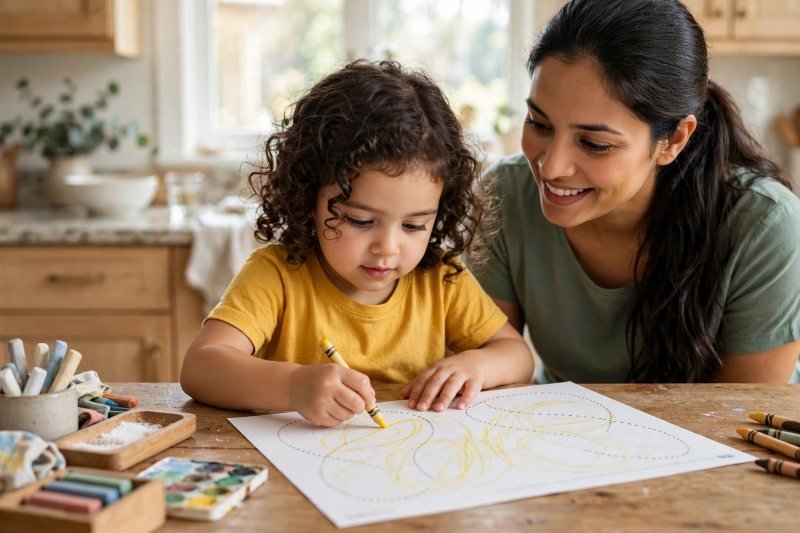 Preschooler traces dotted stroke curves on a printable practice worksheet