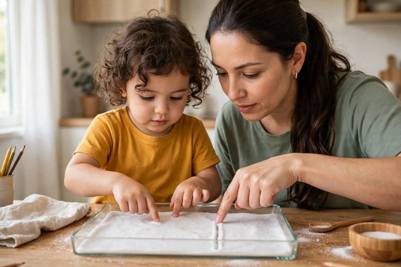 Mother models a vertical line while girl traces lines in a salt tray