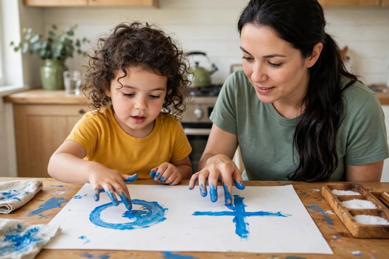 Girl paints blue circles and crosses in finger paint as mother models