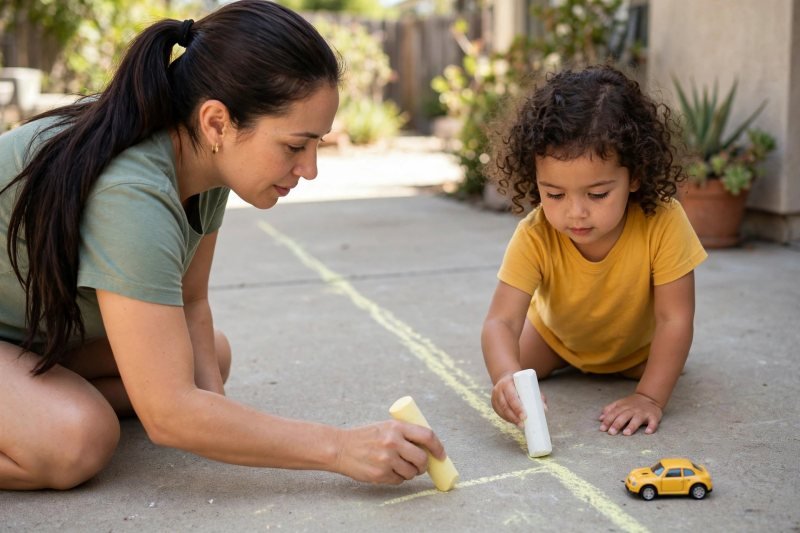 Mother and preschooler draw long diagonal chalk lines on a patio