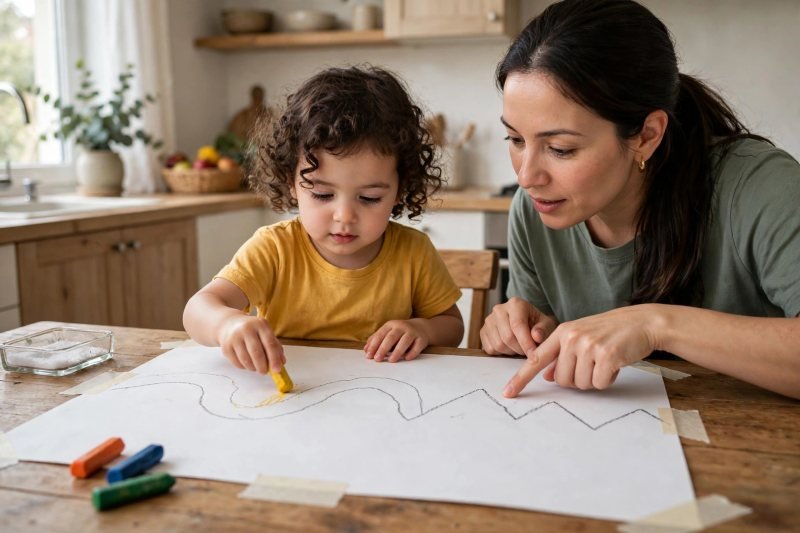 Preschooler draws wavy snake lines and zigzags with chunky crayons
