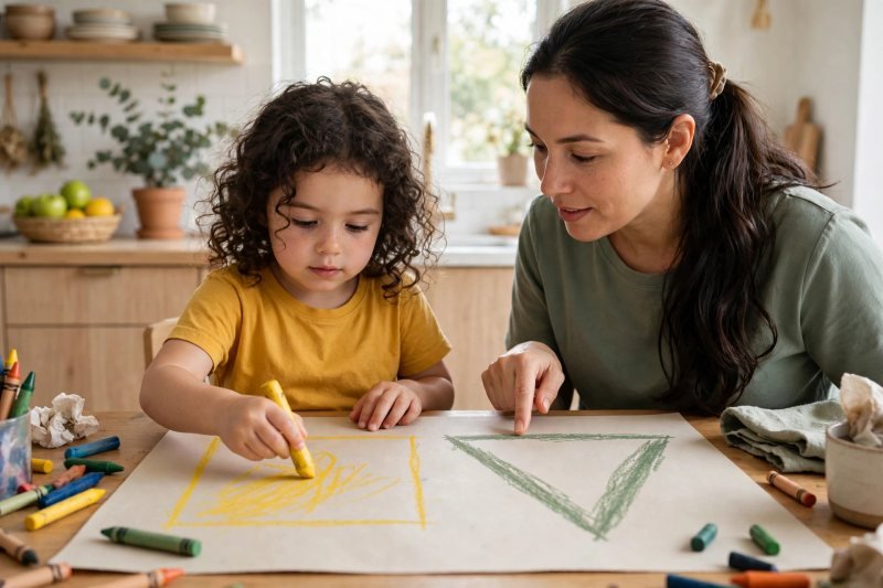Girl completes a big crayon square beside mother's green triangle