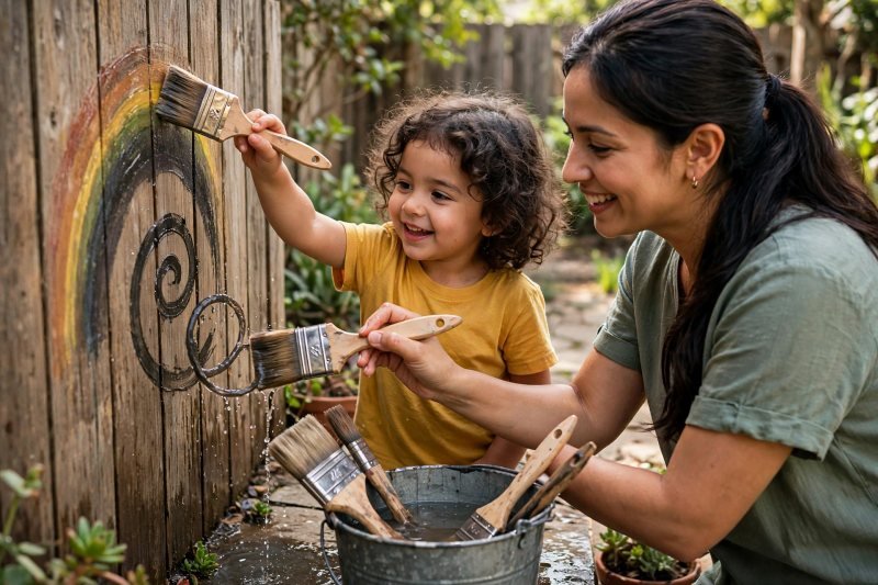 Child paints rainbow arcs and water loops on a backyard fence
