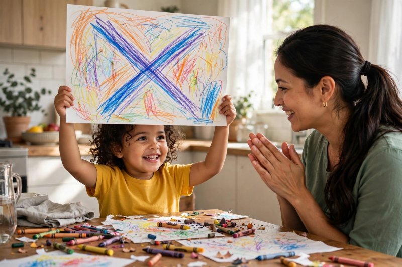 Beaming preschooler holds up her giant decorated crayon X