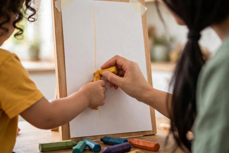 Mother guides child's relaxed grip to redraw light lines on an easel