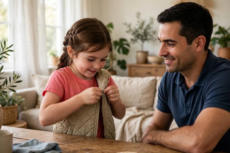 Father watches his daughter zipping up her own jacket at the table