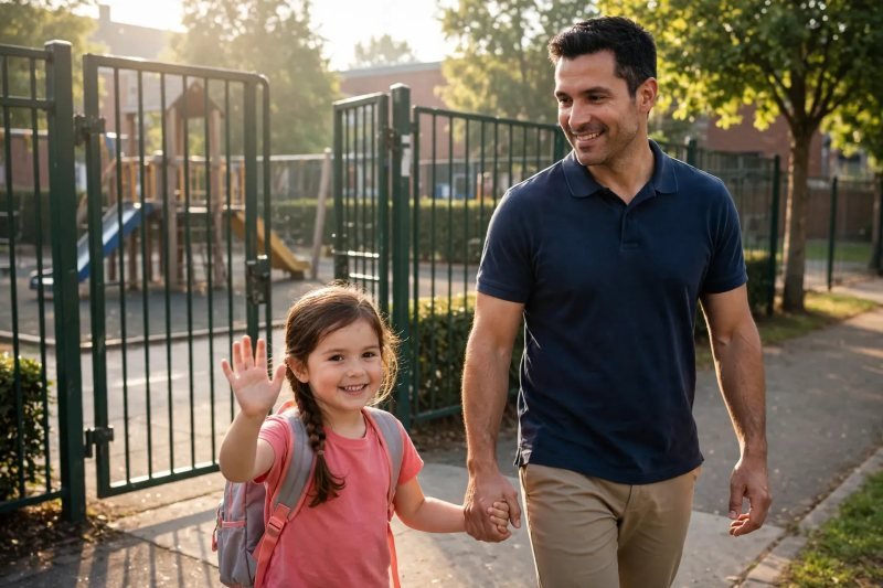 Father and daughter walk hand in hand to the school playground gate