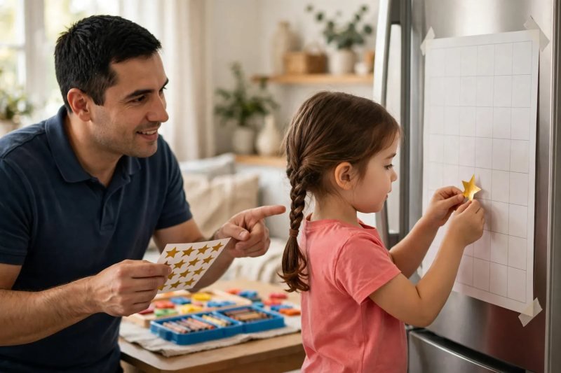 Preschooler sticks a star sticker on a blank fridge calendar with her father