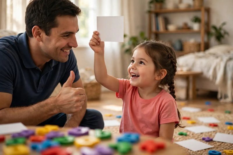 Girl triumphantly holds a blank name card during a treasure hunt with her dad