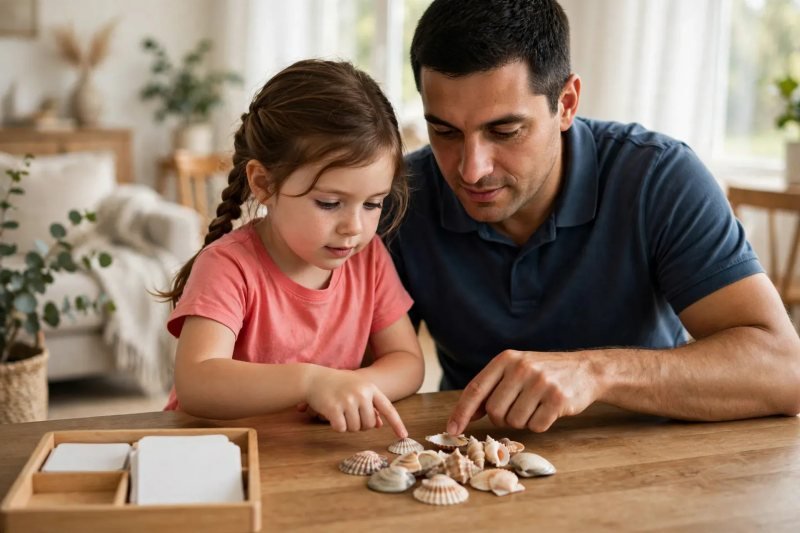 Father and daughter count seashells one by one at the dining table