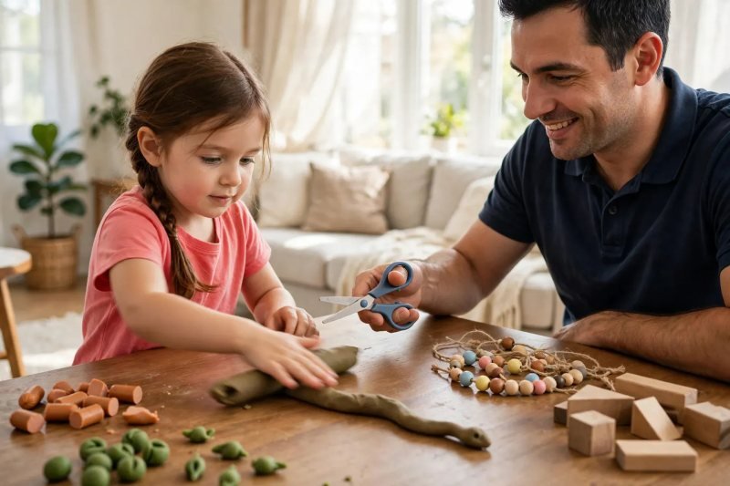 Preschooler rolls a playdough snake while her father hands her safety scissors
