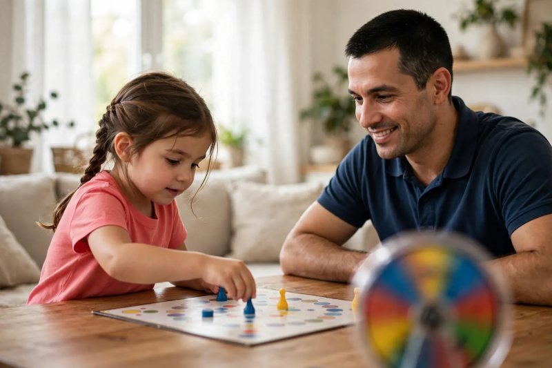 Father and daughter play a turn-taking board game at the table