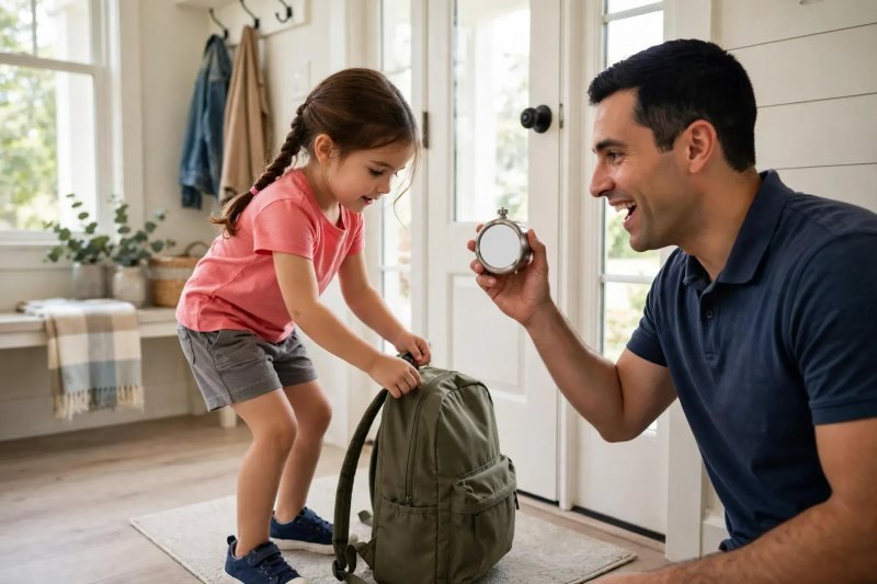 Girl places her packed backpack by the door during a timed morning rehearsal