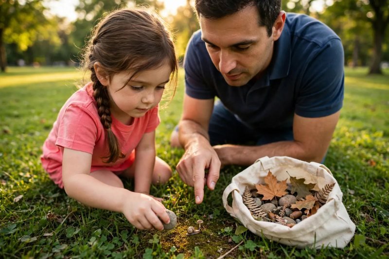 Girl collects smooth stones while her father points out a snail in the park
