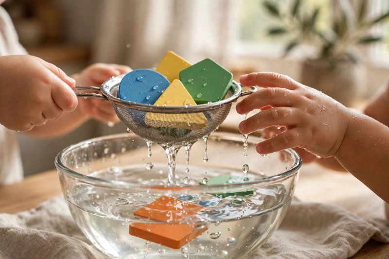 Small hands lifting magnetic letters from a bowl of water with a tiny sieve