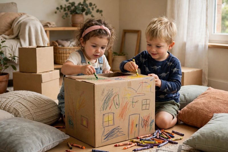 Two preschoolers decorating a big cardboard box with crayons in a living room