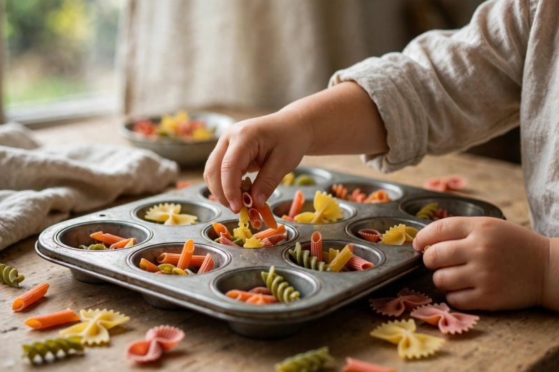 A three-year-old's hands sorting dried pasta into a metal muffin tin