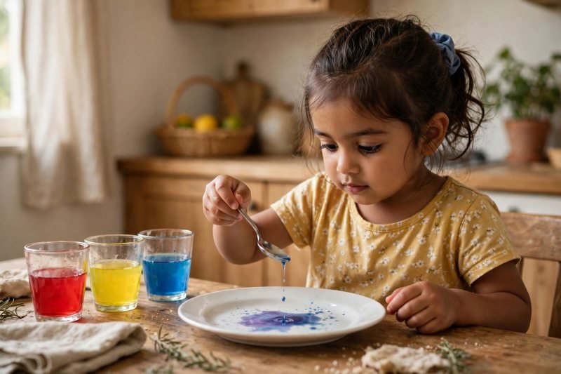 A four-year-old girl dripping coloured water onto a plate with a teaspoon