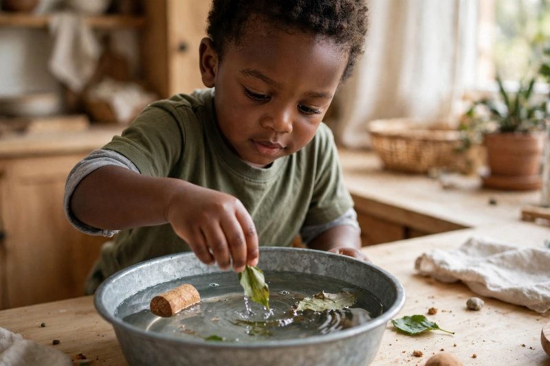 A preschooler dropping a leaf into a washing-up bowl of water for sink-or-float