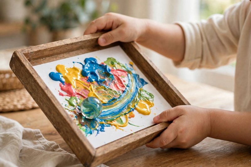 Small hands tilting a tray to roll a marble through bright paint blobs