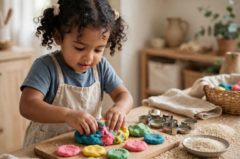 A three-year-old rolling colourful playdough biscuits with bottle-lid cutters nearby