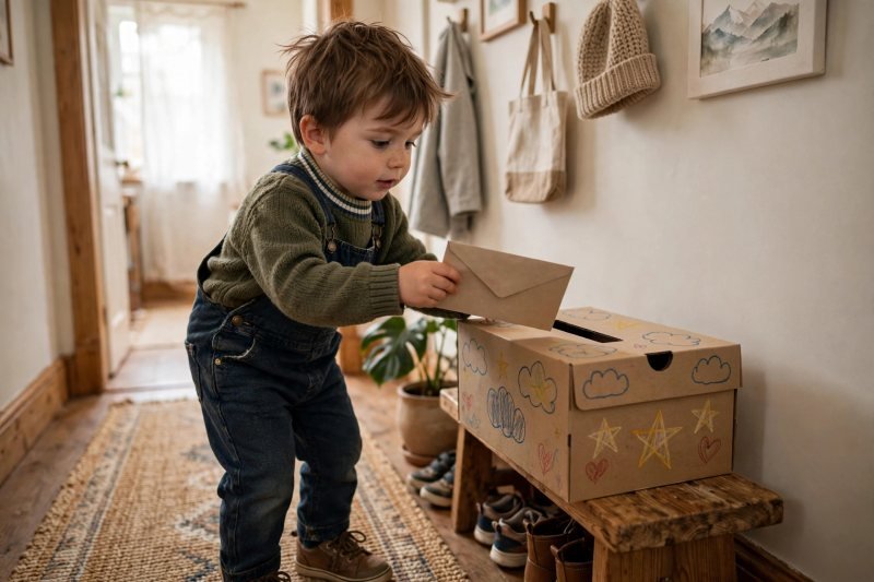 A four-year-old boy posting a paper envelope into a shoebox postbox