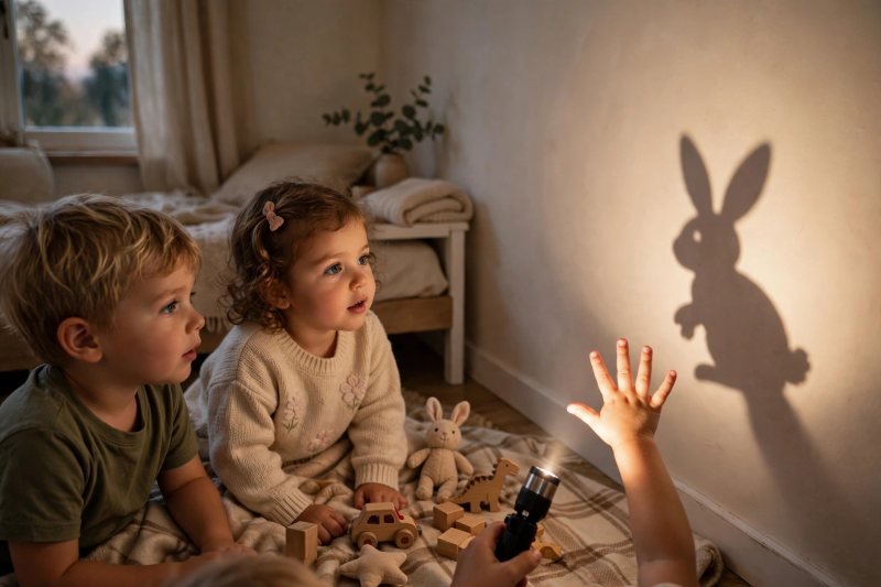 A child's hand making a shadow puppet on a bedroom wall by torchlight