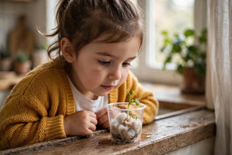 A clear cup with a sprouting bean on cotton wool on a sunny windowsill