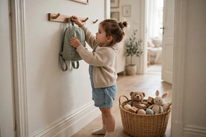 Toddler hanging her little backpack on a low hallway wall hook