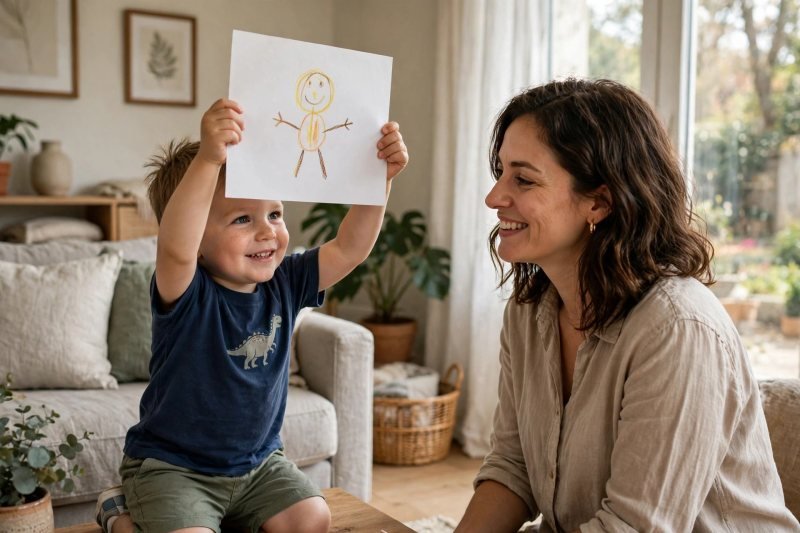 Proud boy holding up his circle-person drawing for his parent