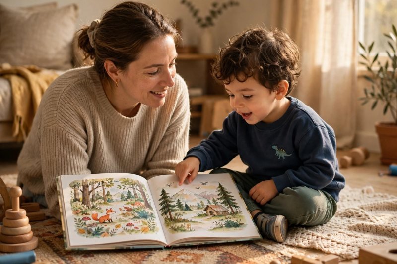 Mom and small boy looking through a picture book together on a rug